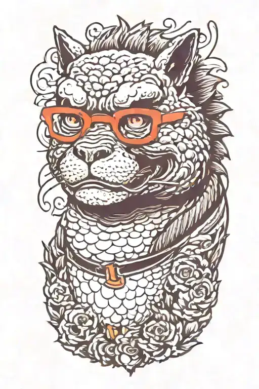 Godzilla with glasses kissing a cat tattoo design idea