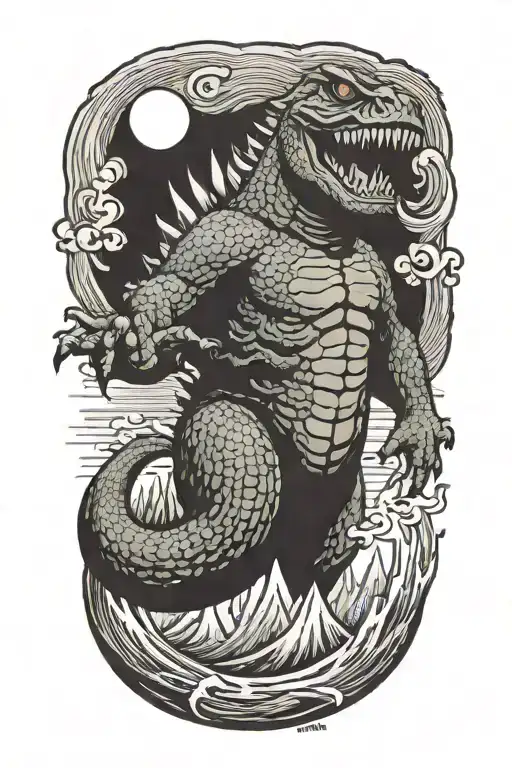 Godzilla with " sunglasses" jumping  tattoo design idea