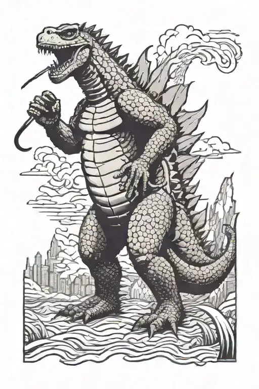 Godzilla with blind cane and sunglasses looking tattoo design idea