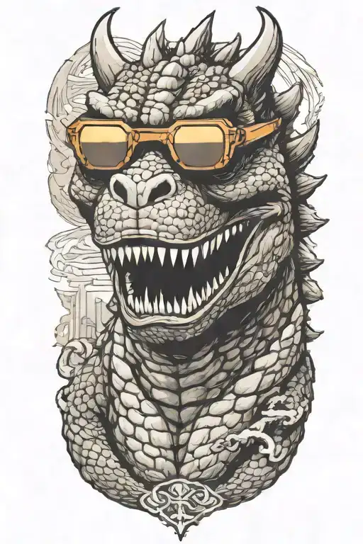 Godzilla full body  emerging with sunglasses looking tattoo design idea