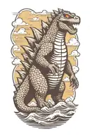 Godzilla with sunglasses on walking on a beach  tattoo design idea
