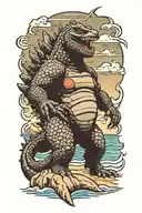 Godzilla with sunglasses walking on a beach  tattoo design idea