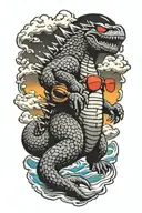 Godzilla with sunglasses walking on a beach  tattoo design idea