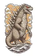 Godzilla with sunglasses on walking on a beach  tattoo design idea