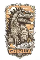 Godzilla with sunglasses on walking on a beach  tattoo design idea