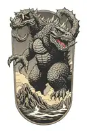 Godzilla with " sunglasses" jumping  tattoo design idea