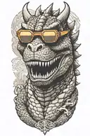 Godzilla full body  emerging with sunglasses looking tattoo design idea