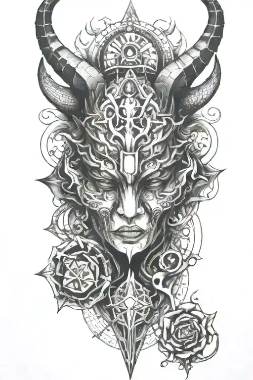 Create a fusion tattoo design featuring elements of demons, Illuminati, Louis Vuitton, and designer leg armor tattoo design idea