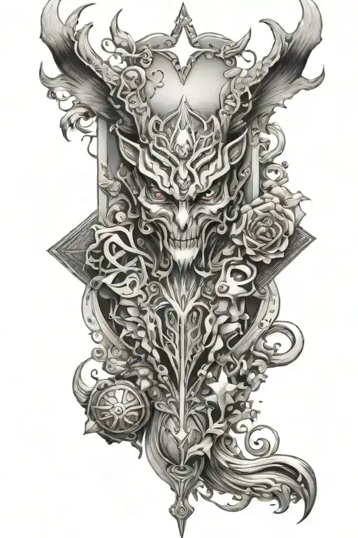Create a fusion tattoo design featuring elements of demons, Illuminati, Louis Vuitton, and designer leg armor tattoo design idea