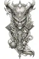Create a fusion tattoo design featuring elements of demons, Illuminati, Louis Vuitton, and designer leg armor tattoo design idea
