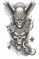 Create a fusion tattoo design featuring elements of demons, Illuminati, Louis Vuitton, and designer leg armor tattoo design idea