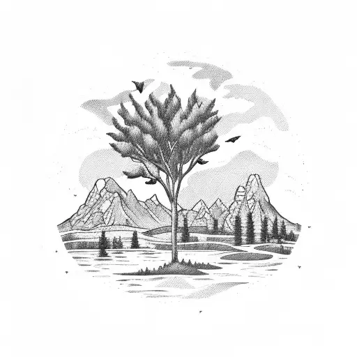 Alberta provincial flag, pond, wheat field, trees, mountains tattoo design idea