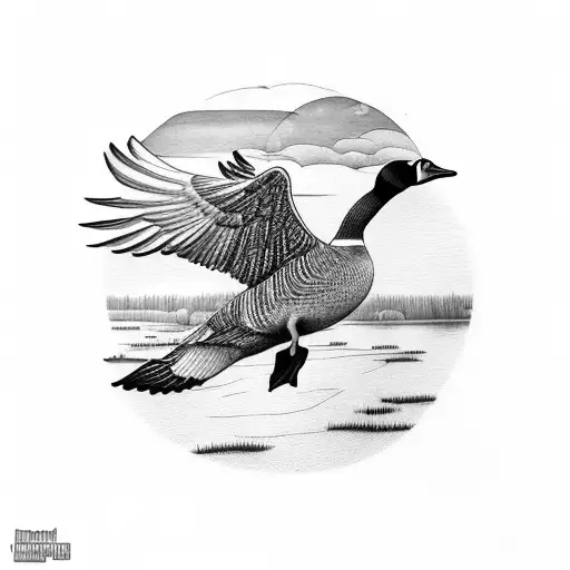Canada geese flying, pond, field, trees, mountains tattoo design idea