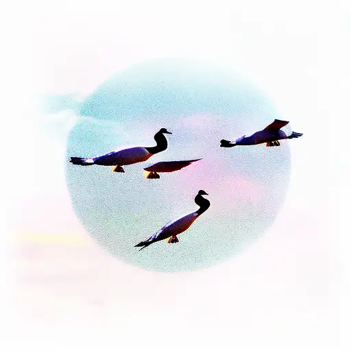 Canada geese flying, pond, field, trees, mountains tattoo design idea