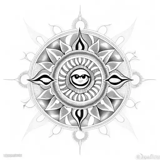 A blackwork design featuring a small sun, a large sun, and seven stars in a spiral pattern tattoo design idea