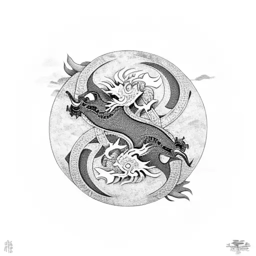A dragon and samurai engaged in a fierce battle, incorporating elements of yin and yang symbolism tattoo design idea