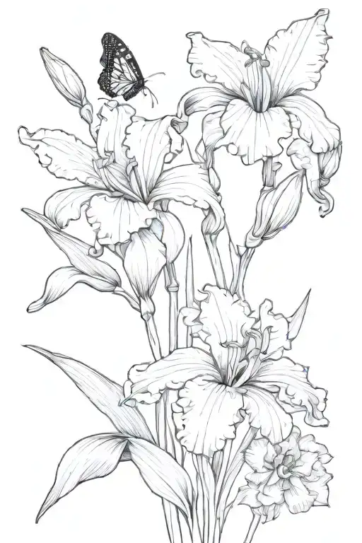 Iris flower violet flower, lakspur flower, waterlily flower bouquet line tattoo with butterfly detail in black and white tattoo design idea