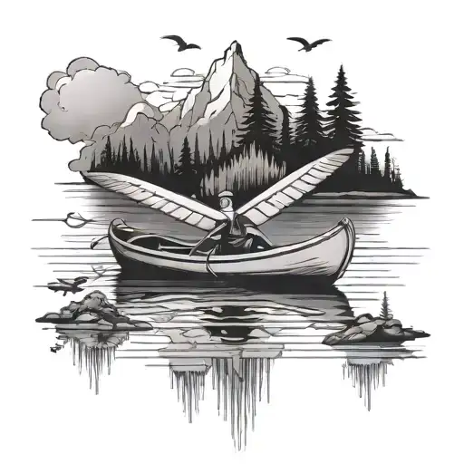 canoe in lake with plane flying above  tattoo design idea