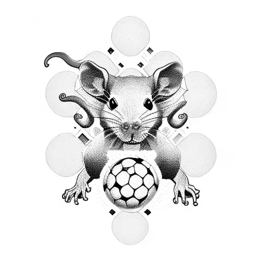 Create a dotwork tattoo of a rat Chinese zodiac sign surrounded by circles, representing the love for football and architecture tattoo design idea