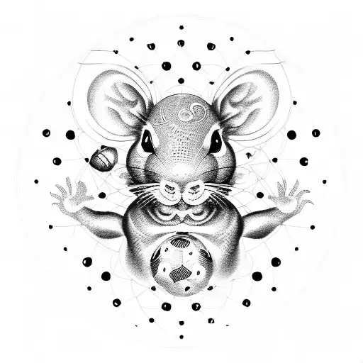 Create a dotwork tattoo of a rat Chinese zodiac sign surrounded by circles, representing the love for football and architecture tattoo design idea