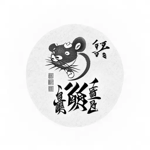 fore arm tattoo with 5 circles consisting of Chan surname in chinese character at the centre, rat chinese zodiac picture tattoo design idea