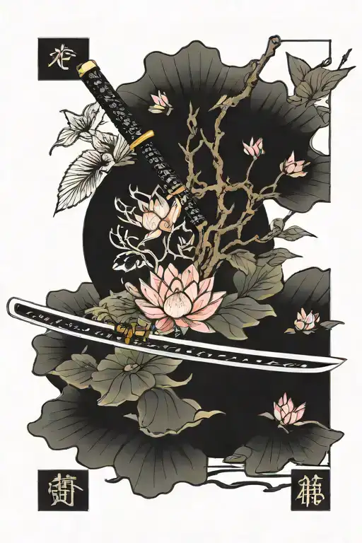katana and wakizashi, lotus flower and sakura tree tattoo design idea