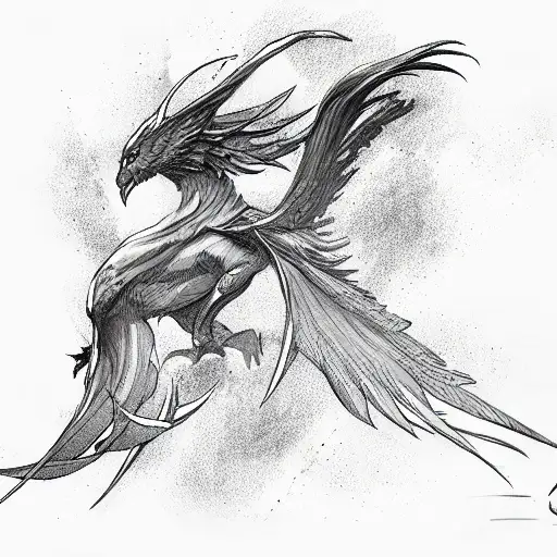 Phoenix in a dive starting on the back with the tail extending down arm sleeve tattoo design idea