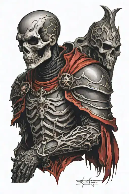 necromancer wearing black and red armour with a skull face tattoo design idea