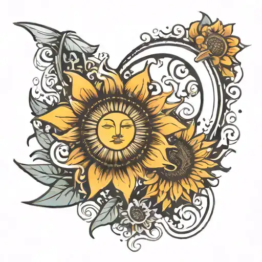 sun and moon on beach with sunflower  tattoo design idea