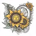 sun and moon on beach with sunflower  tattoo design idea