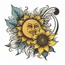 sun and moon on beach with sunflower  tattoo design idea
