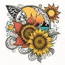 sun and moon on beach with sunflower  tattoo design idea