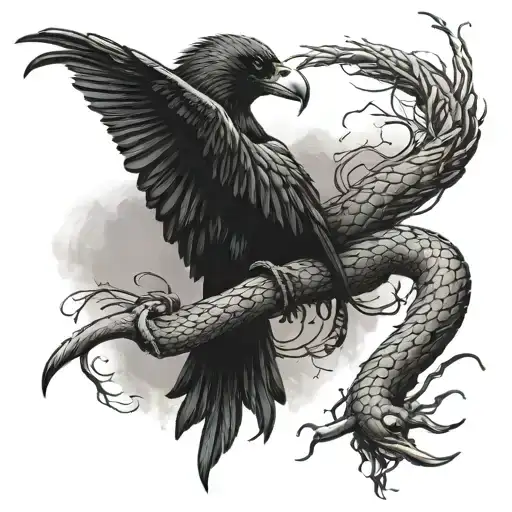 Snake fighting a crow tattoo design idea