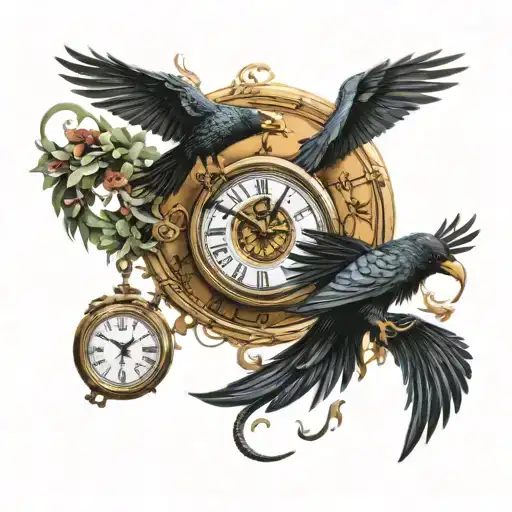 Snake fighting a crow around a clock with color tattoo design idea