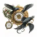 Snake fighting a crow around a clock with color tattoo design idea