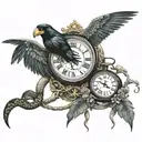 Snake fighting a crow around a clock with color tattoo design idea