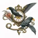 Snake fighting a crow around a clock with color tattoo design idea