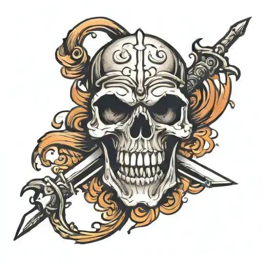fiery-eyed demon skull with crossed army sabers behind tattoo design idea
