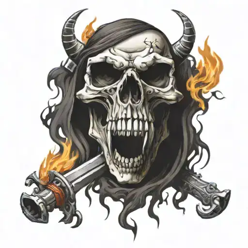 scary demon skull with crossed army sabers behind and fire coming from the hmeyes tattoo design idea