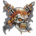 fiery-eyed demon skull with crossed army sabers behind tattoo design idea
