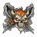 fiery-eyed demon skull with crossed army sabers behind tattoo design idea