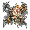 fiery-eyed demon skull with crossed army sabers behind tattoo design idea
