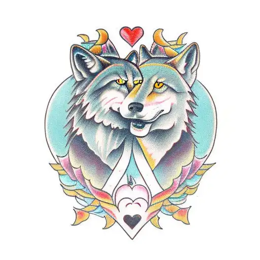 two spirit wolf in love kissing each other tattoo design idea
