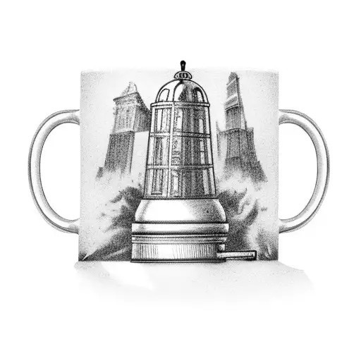 A steaming coffee mug with historical landmarks as the steam tattoo design idea