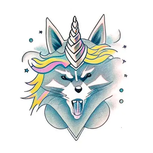 a racoon warrior riding a unicorn tattoo design idea