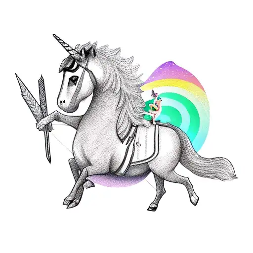 a racoon warrior riding a unicorn tattoo design idea