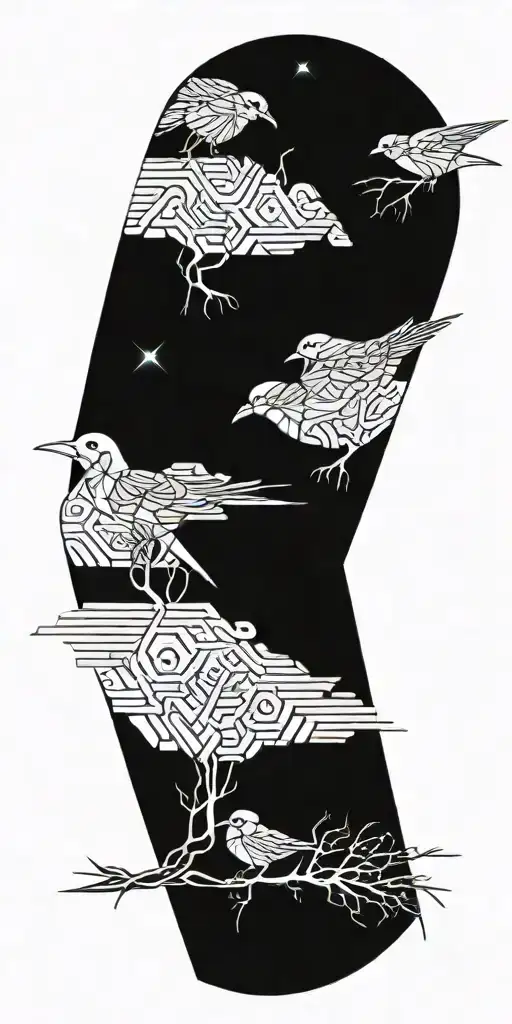 wood tree birds tattoo design idea
