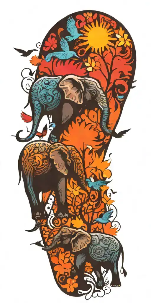 elephants birds tattoo design idea