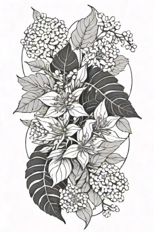 acacia leafs and flowers tattoo design idea