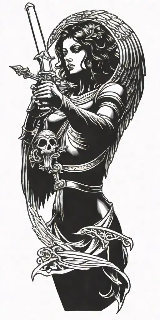 dark angel holding a sword tattoo design idea